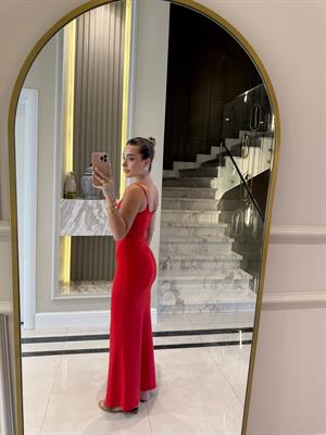 Koyu Kırmızı Askılı Uzun Elbise -91175