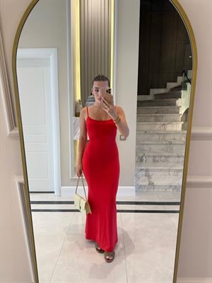 Koyu Kırmızı Askılı Uzun Elbise -91175