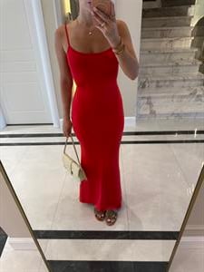 Koyu Kırmızı Askılı Uzun Elbise -91175