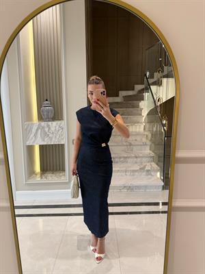Koyu Lacivert Toka Detaylı Denim Elbise