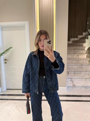 Koyu Mavi Denim Baklava Desenli Desenli Yaka Ceket- Pantolon Takım