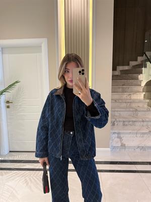 Koyu Mavi Denim Baklava Desenli Desenli Yaka Ceket- Pantolon Takım