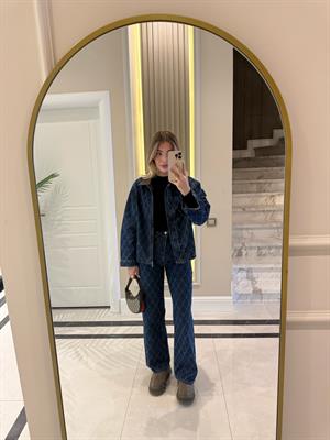 Koyu Mavi Denim Baklava Desenli Desenli Yaka Ceket- Pantolon Takım