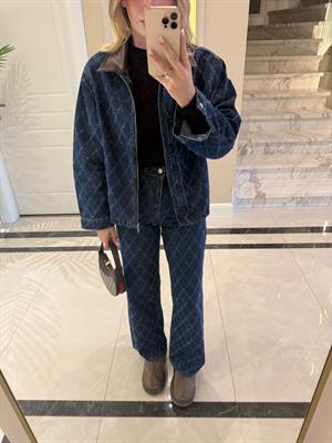 Koyu Mavi Denim Baklava Desenli Desenli Yaka Ceket- Pantolon Takım