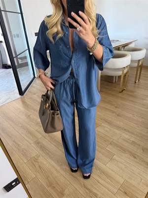 Koyu Mavi Denim Görünümlü Tensel Kumaş Gömlek-Pantolon İkili Takım