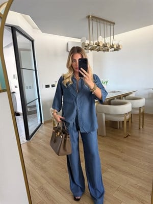 Koyu Mavi Denim Görünümlü Tensel Kumaş Gömlek-Pantolon İkili Takım
