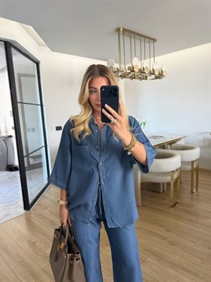 Koyu Mavi Denim Görünümlü Tensel Kumaş Gömlek-Pantolon İkili Takım