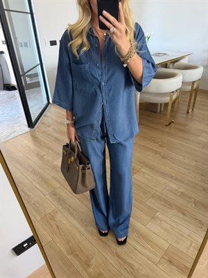 Koyu Mavi Denim Görünümlü Tensel Kumaş Gömlek-Pantolon İkili Takım