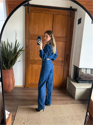 Koyu Mavi Denim Taba Kemerli Tulum - 8152