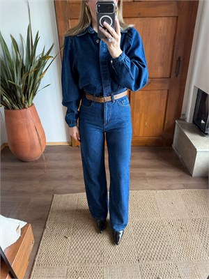 Koyu Mavi Denim Taba Kemerli Tulum - 8152