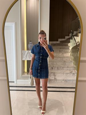 Koyu Mavi Düğmeli Kısa Denim Elbise