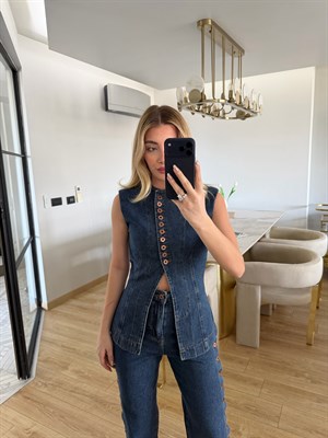 Koyu Mavi Düğmeli Yelek-Pantolon Denim Takım