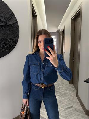 Koyu Mavi Karpuz Kol Denim Gömlek