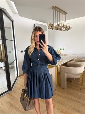 Koyu Mavi Mini Tensel Kumaşlı Elbise