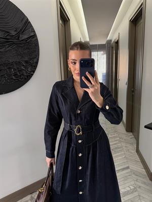 Koyu Mavi Tokalı Kemerli Denim Elbise