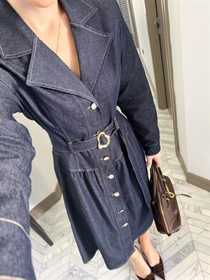 Koyu Mavi Tokalı Kemerli Denim Elbise