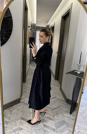 Koyu Mavi Tokalı Kemerli Denim Elbise