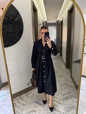 Koyu Mavi Tokalı Kemerli Denim Elbise