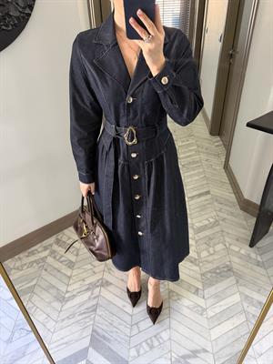 Koyu Mavi Tokalı Kemerli Denim Elbise