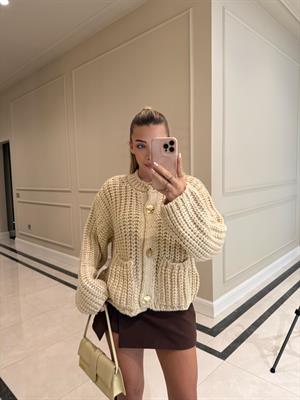 Krem Bisiklet Yaka Yumuşak Dokulu Cepli Düğmeli Triko Hırka -60960