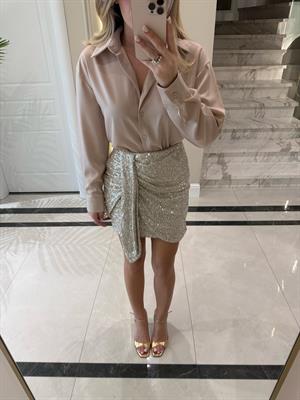 Krem  Detaylı Pul Payet Mini Etek