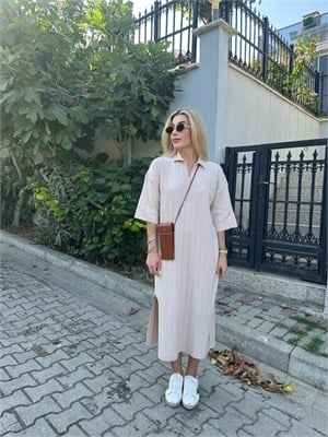 Krem Fitilli Kısa Kollu Elbise