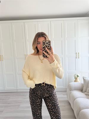 Krem Kayık Yaka Basic Triko Kazak- 10804