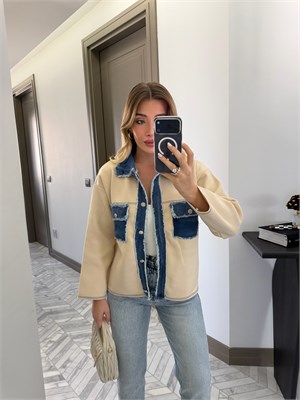 Krem Kot Garnili Saçaklı Triko Ceket - 0540