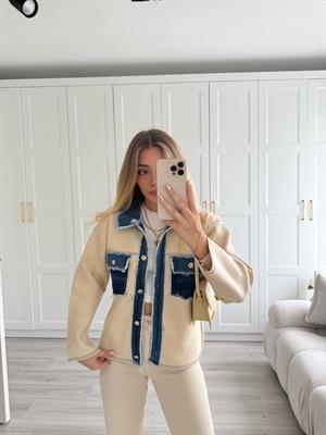 Krem Kot Garnili Saçaklı Triko Ceket-0540