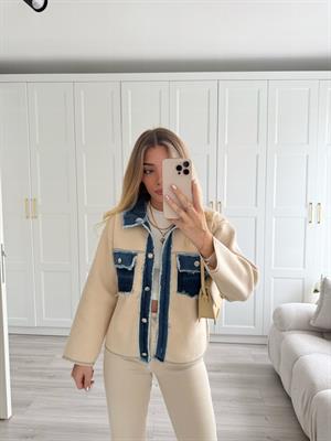 Krem Kot Garnili Saçaklı Triko Ceket-0540