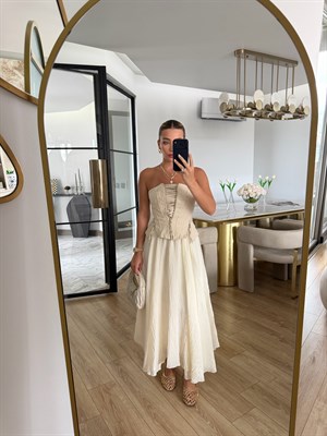 Krem Rengi Kraşlı Buruşuk Etek-1022