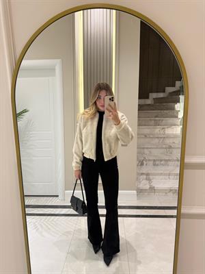 Krem Taş İşlemeli Bomber Ceket