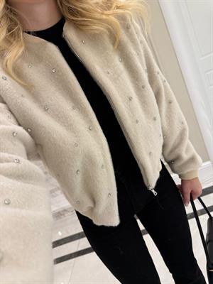 Krem Taş İşlemeli Bomber Ceket