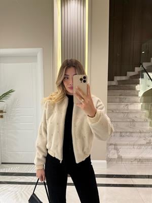 Krem Taş İşlemeli Bomber Ceket