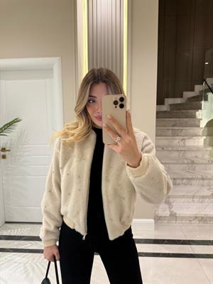 Krem Taş İşlemeli Bomber Ceket