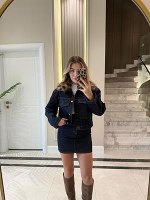 Kürk Yakalı Denim Etek -Ceket İkili Takım