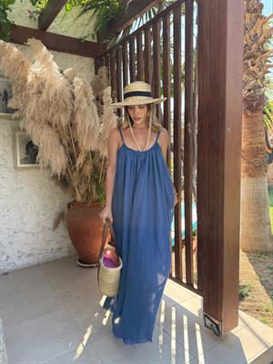 Lacivert Askılı Büzgülü Natural Elbise- 3173