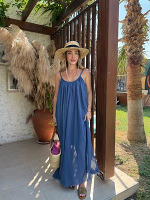 Lacivert Askılı Büzgülü Natural Elbise- 3173