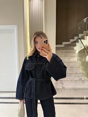 Lacivert Cepli Kuşaklı Denim Takım