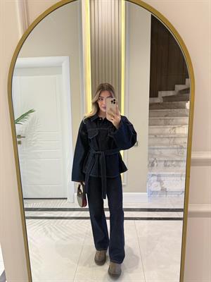 Lacivert Cepli Kuşaklı Denim Takım