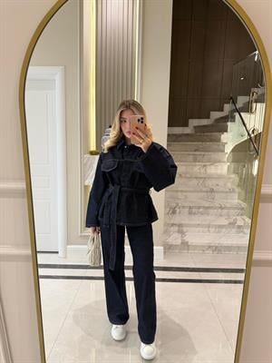 Lacivert Cepli Kuşaklı Denim Takım