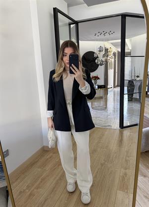 Lacivert Çizgili Astarlı Poliviskon Ceket-9300