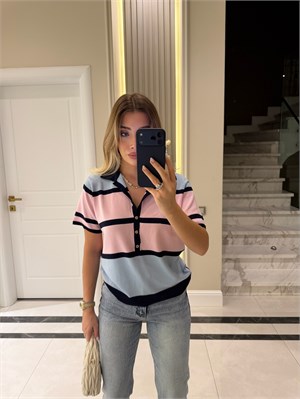 Lacivert Çizgili Polo Yaka Triko Kazak - 5469