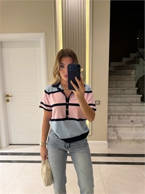 Lacivert Çizgili Polo Yaka Triko Kazak - 5469