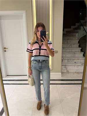 Lacivert Çizgili Polo Yaka Triko Kazak - 5469
