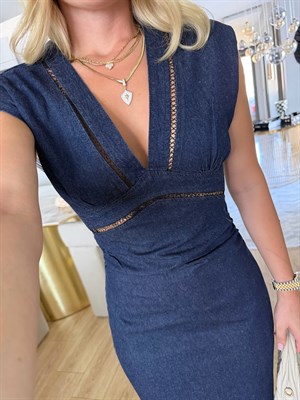 Lacivert Dantel Detaylı Marka Model Denim Midi Elbise