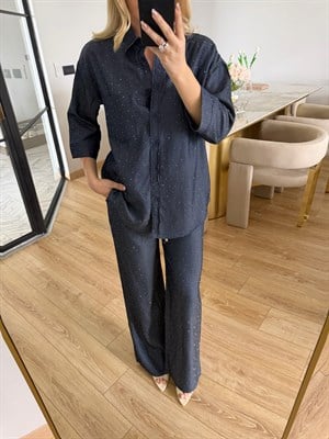 Lacivert Denim Efektli Tensel Taşlı Takım 37464
