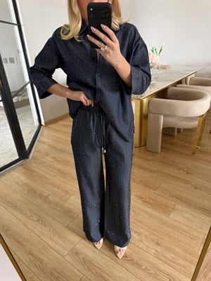 Lacivert Denim Efektli Tensel Taşlı Takım 37464
