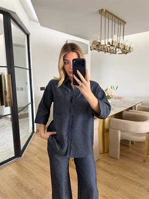 Lacivert Denim Efektli Tensel Taşlı Takım 37464
