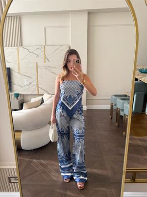 Lacivert Desenli Saten Bluz Pantolon İkili Takım